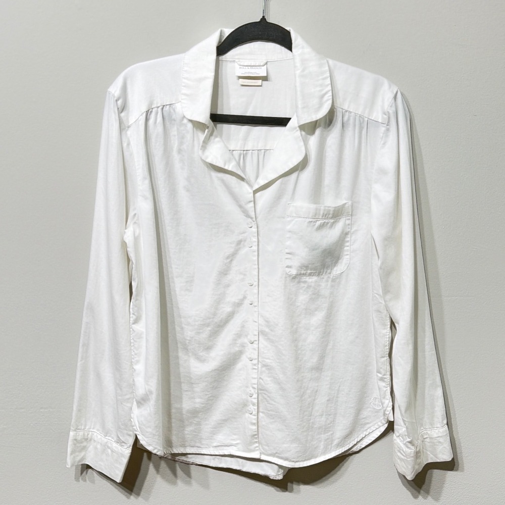 Boll & Branch‎ White 100% Organic Cotton Long Sleeve Pajama Top Button Down L